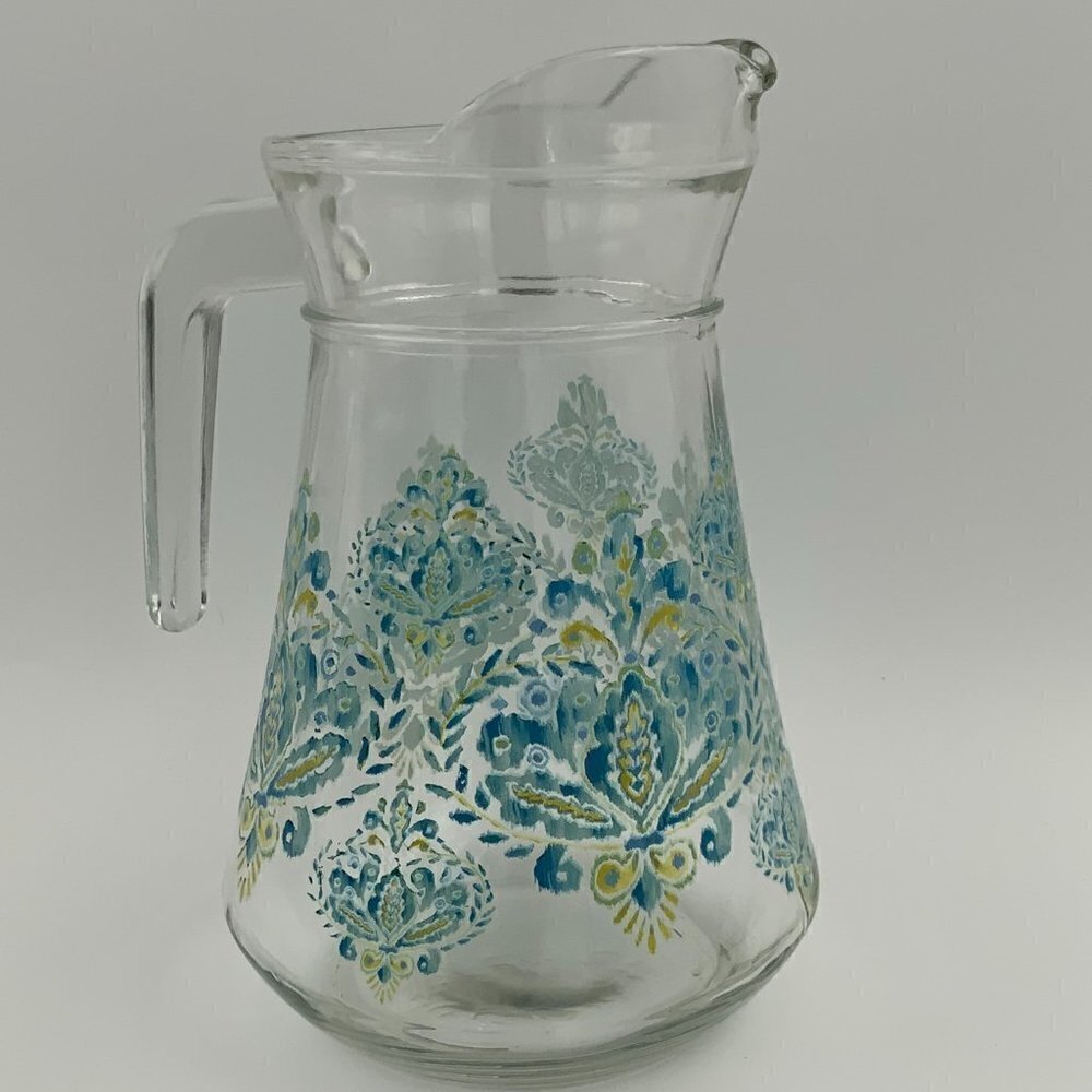 Vintage 1980’s Glass Water Pitcher; Blue, Yellow, White Floral Tapestry 9" Tall